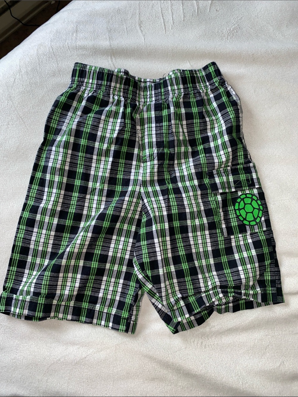 Nickelodeon Black, Green and White Plaid Cargo Shorts with Turtle Patch